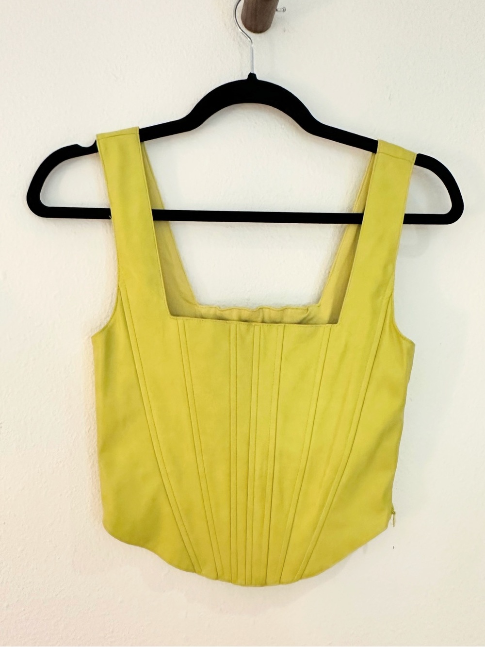 7 For All Mankind Lime Green Square-Neck Corset Cropped Top Faux Leather